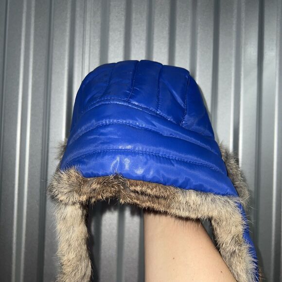 Nathaniel Cole Crown Cap Blue Puffer Trapper Hat Rabbit Fur Trimmed Winter - Picture 4 of 7